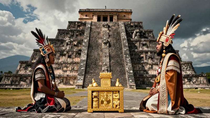 Pirámide de Tenayuca con sacerdote y tesoro prehispánico