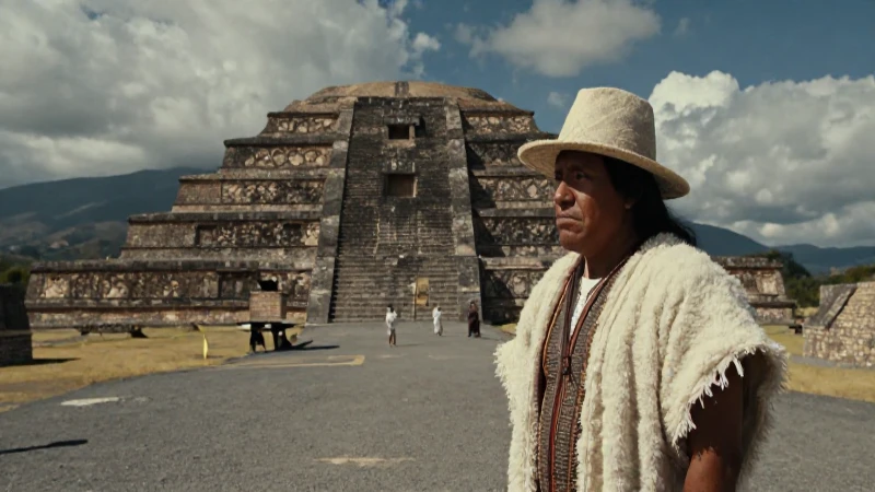 Pirámide mesoamericana, vestida en algodón histórico, bajo luz dramática