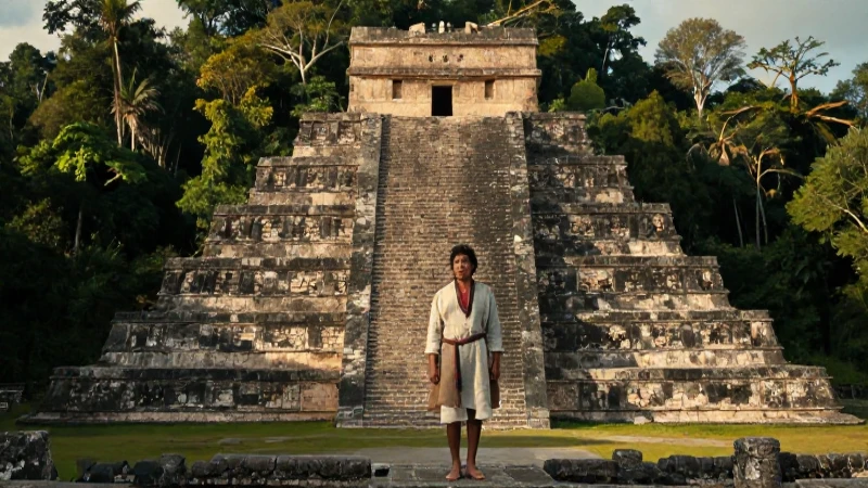 Indígena junto a pirámide ancestral en selva