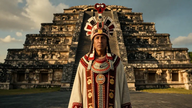 Sacerdote Mexica ante colosal pirámide antigua