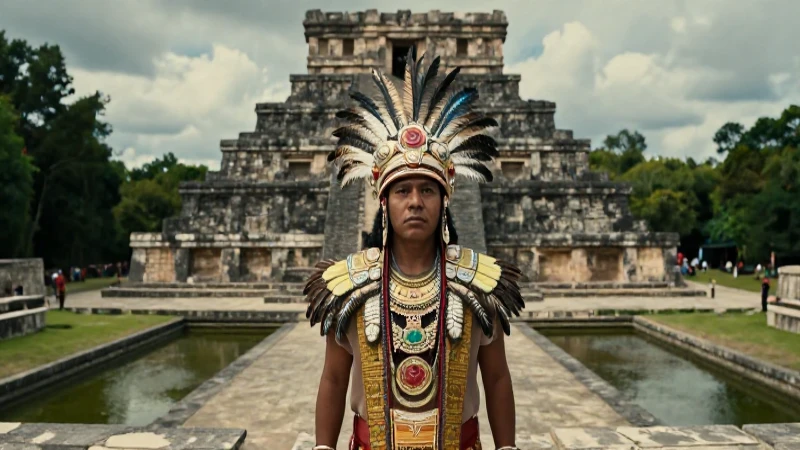 Noble mexica ante majestuoso templo prehispánico