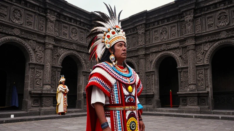 Sacerdote azteca en vibrante patio de piedra