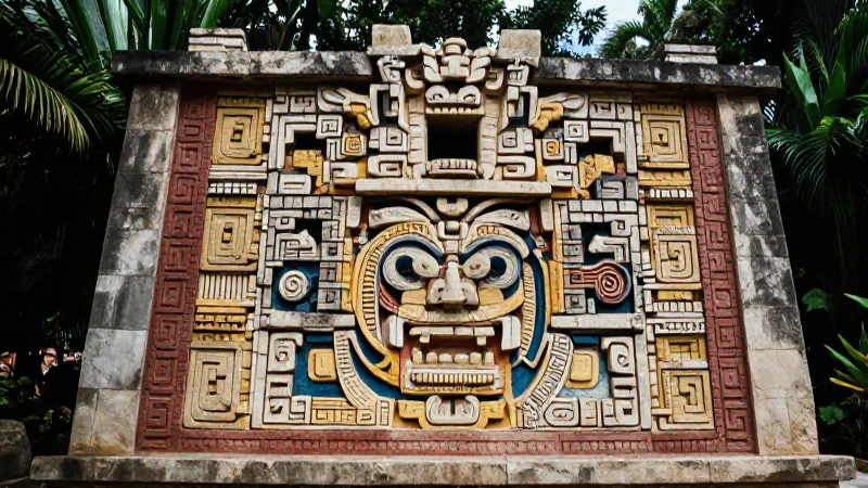 Mural azteca, arquitectura y vegetación tropical
