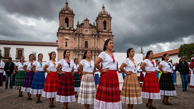 Mujeres de Tepeji en festival con fondo colonial