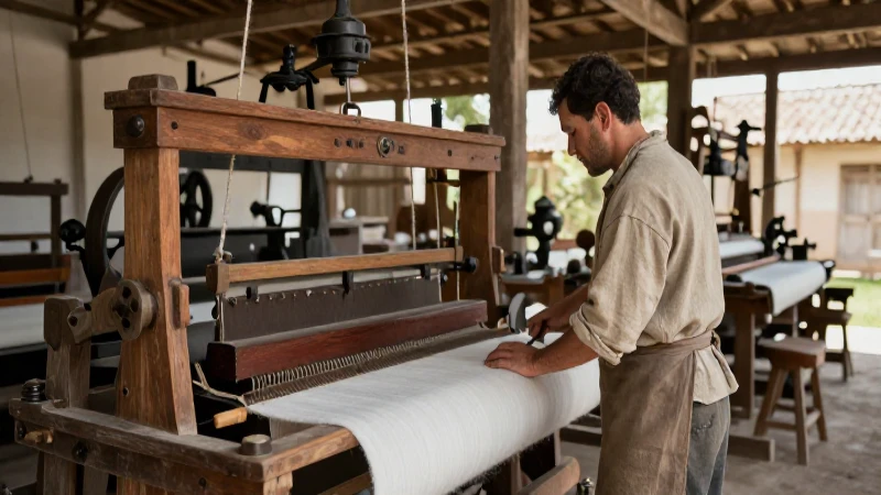 Trabajadora textil en fábrica de 1860s con maquinaria antigua