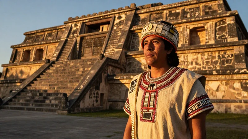 Hombre zapoteco en Monte Albán al atardecer
