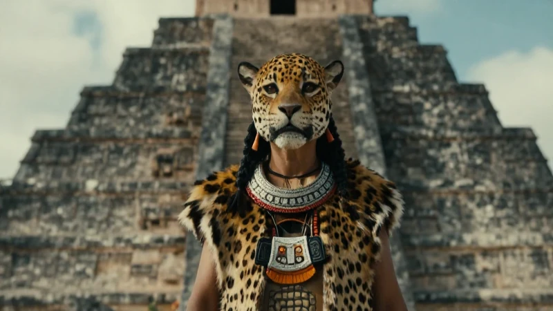 Tezcatlipoca con regalia de jaguar ante pirámide