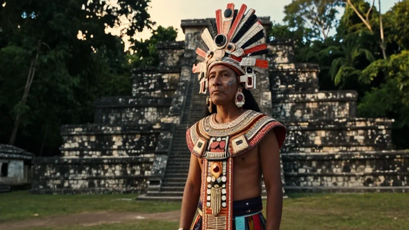 Noble Mixteco ante ruinas de Tilantongo en atardecer