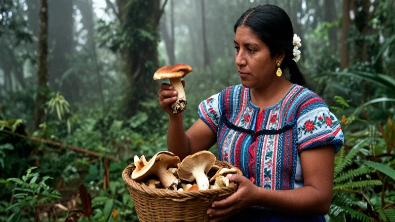 Mujer colonial examina hongos en bosque
