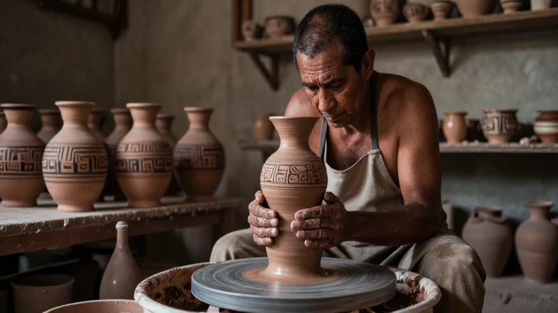 Artesano azteca en taller de cerámica mesoamericana