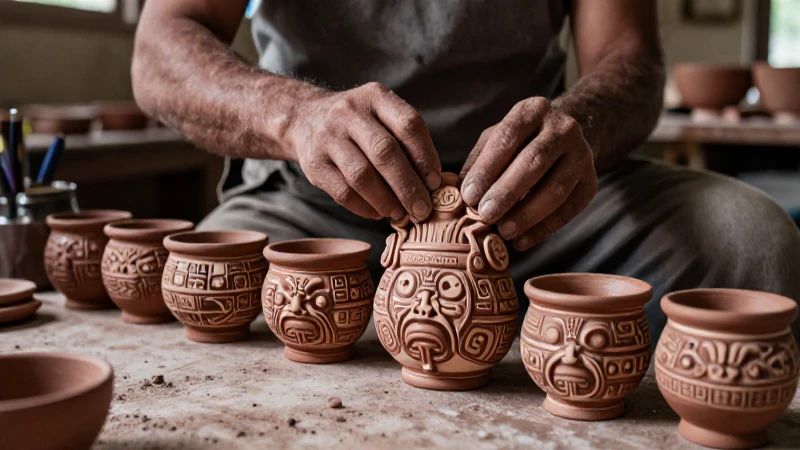 Alfarero Nahua creando cerámica azteca antigua