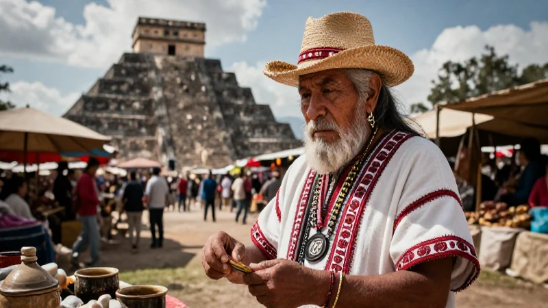 Dignificado anciano en mercado mesoamericano antiguo