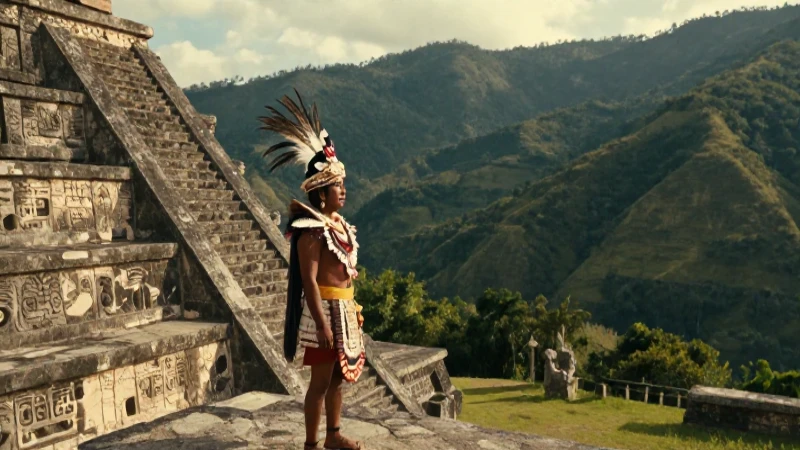 Jefe Tlacopán junto a antigua pirámide mesoamericana