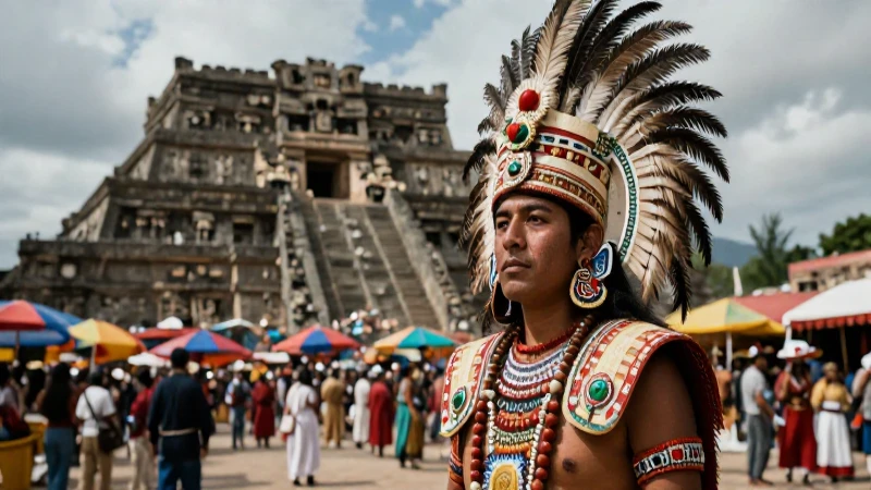 Sacerdote azteca en templo y mercado vibrante