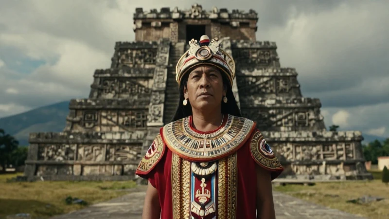 Mexica noble ante templo monumental de la Triple Alianza
