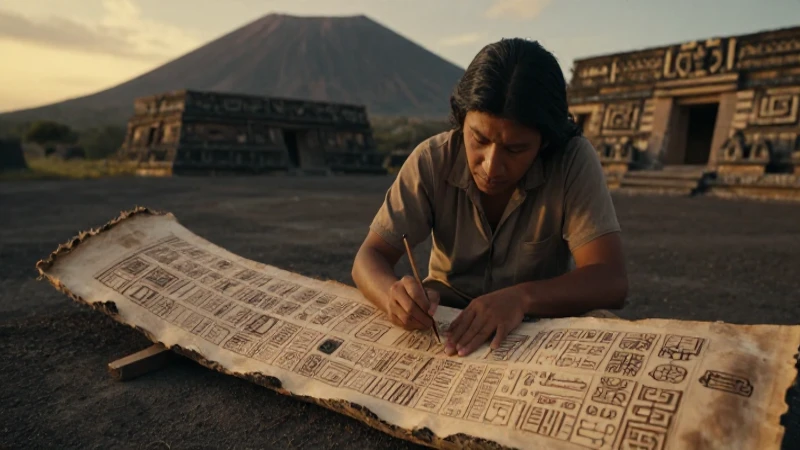 Tlacuilo pintando glifo en códices prehispánicos