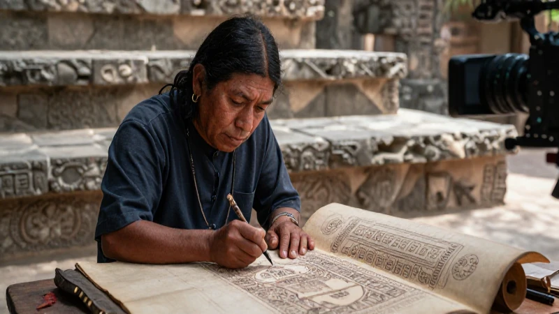 Tlacuilos: Guardianes de la Historia y Sabiduría Ancestral 42 Tlacuilo pinta códices ante un fondo mesoamericano