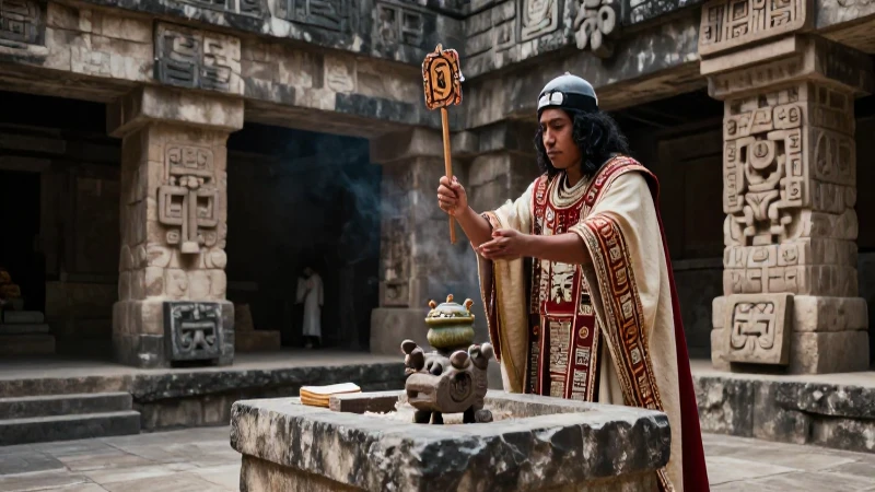Sacerdote azteca en ritual sagrado ante Tláloc