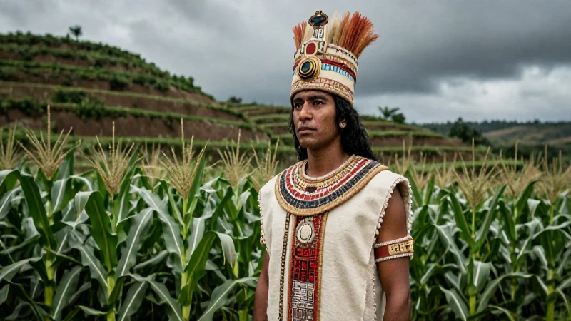 Sacerdote azteca en campos de maíz con atmósfera dramática