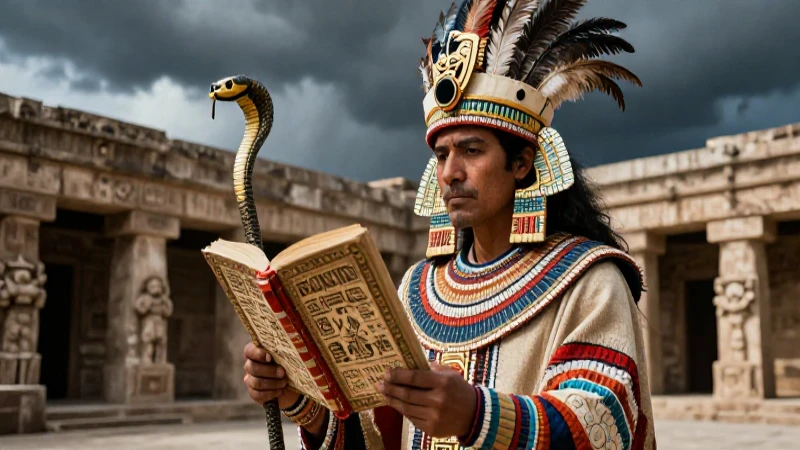 Sacerdote azteca en templo durante tormenta
