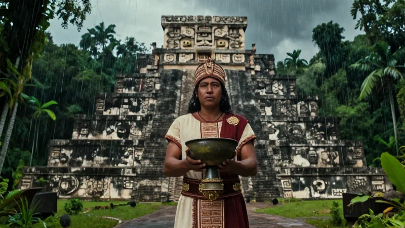 Tláloc: significado y su influencia en la cultura maya 23 Sacerdote mesoamericano en ritual con sacrificio bajo lluvia