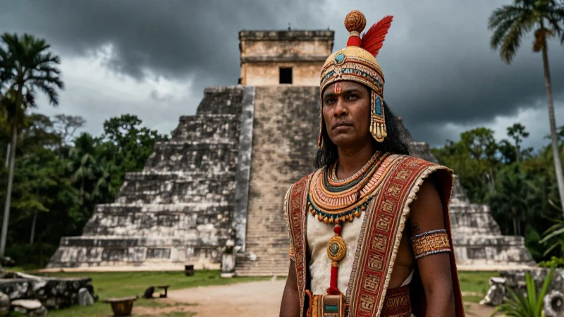 Tláloc: significado y su influencia en la cultura maya 24 Sacerdote maya ante dramática pirámide de selva