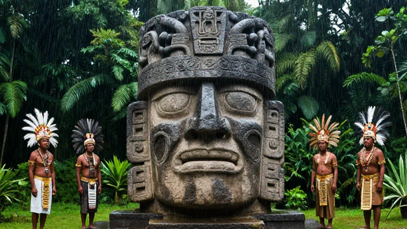Tláloc: el antiguo dios de la lluvia y la tierra en México 26 Cabeza de Tláloc en exuberante paisaje mesoamericano