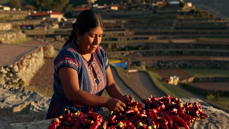 Mujer mesoamericana cosecha chiles en campo antiguo