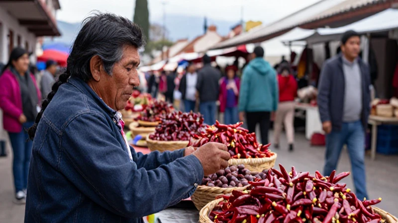 Sahagún interactúa con un vendedor de chiles en un mercado