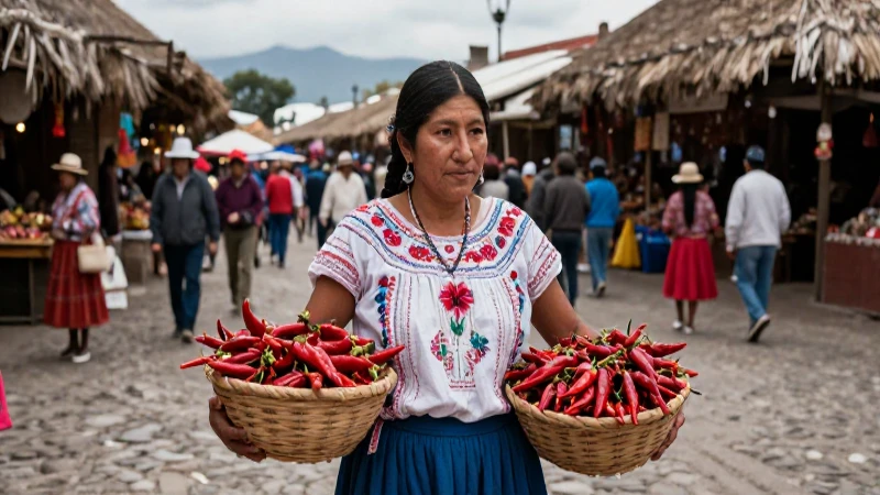 Mujer indígena con chiles rojos en mercado histórico