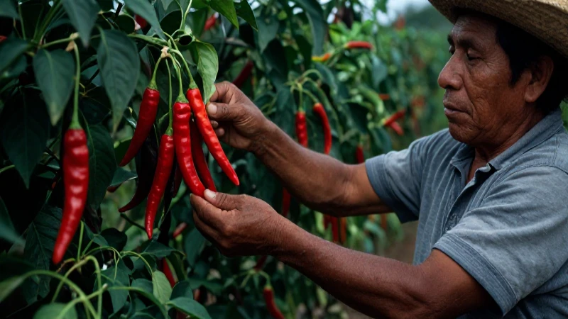 Agricultora maya cosecha chiles en jardín mesoamericano