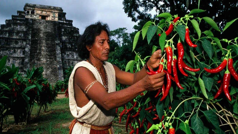 Sacerdote maya cosecha chiles en selva
