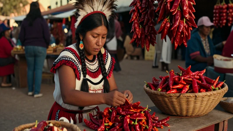 Mujer azteca muele chiles en un mercado prehispánico