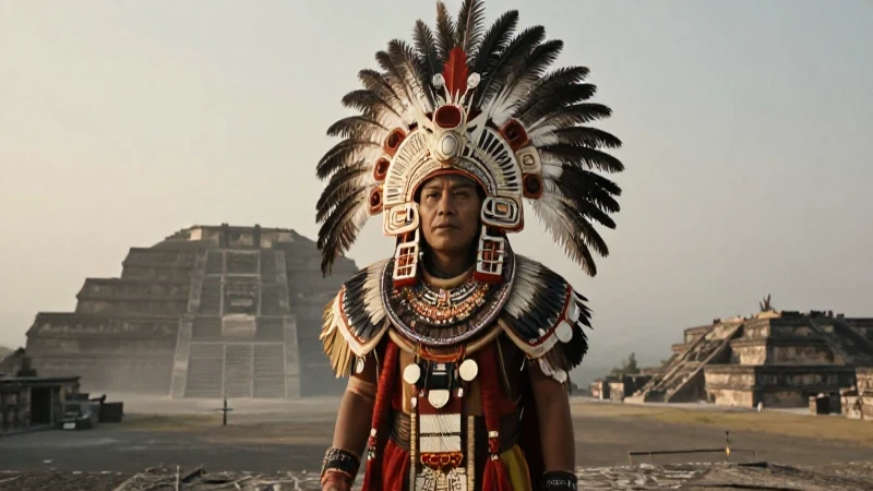 Tlatoani mexica en ritual al amanecer en Tenochtitlan