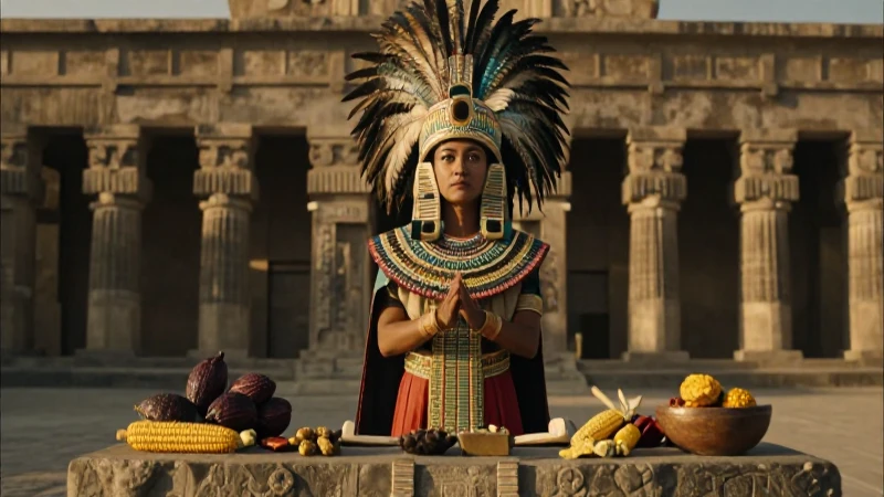 Tlazoltéotl: Diosa de la Fertilidad Azteca y Su Importancia 26 Sacerdotisa azteca en ritual dorado bajo Templo Mayor