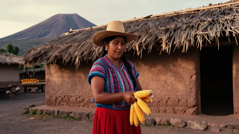 Tollocan: Un vistazo a su cultura y conexión con Toluca 14 Mujer prehispánica cose maíz en paisaje volcánico