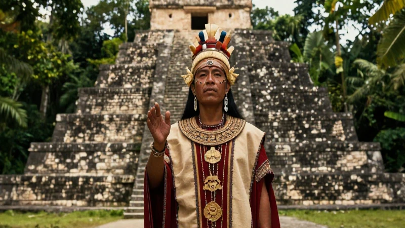 Sacerdote nahua frente a pirámide ancestral
