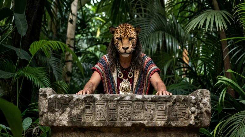 Nahual manifestando jaguar ante altar antiguo