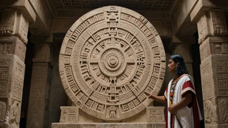 Sacerdote azteca en templo ceremonial con luz dramática