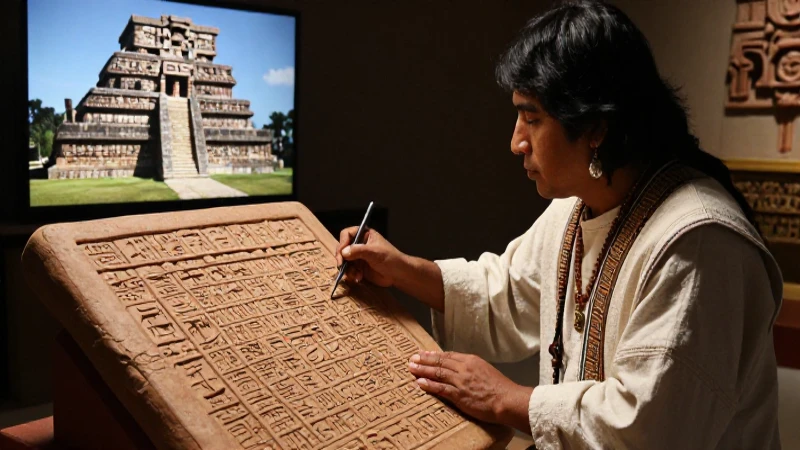 Escultor azteca estudia codex con arquitectura mesoamericana