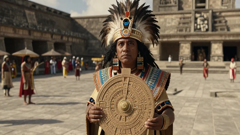 Sacerdote azteca en plaza con códice