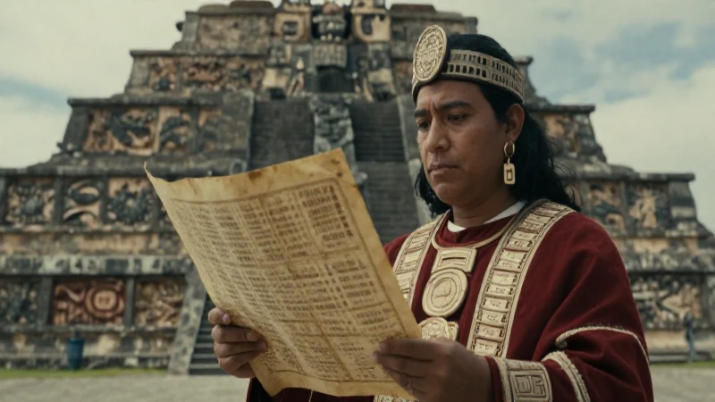 Sacerdote azteca examina un codex ante templos antiguos