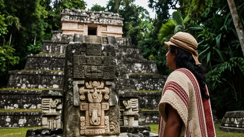 Sacerdote maya contempla estela en jungla Chiapas