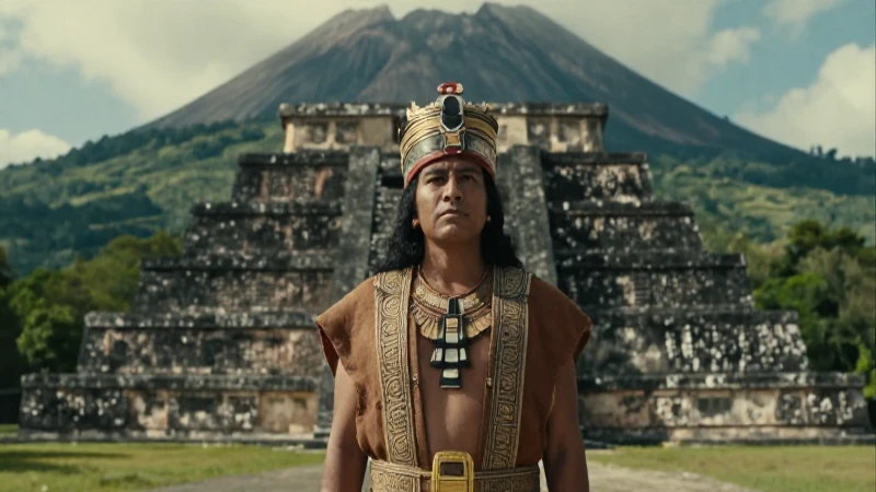 Totoquihuatzin: Un viaje a la historia y cultura ancestral 31 Sacerdote Nahua ante pirámide precolombina