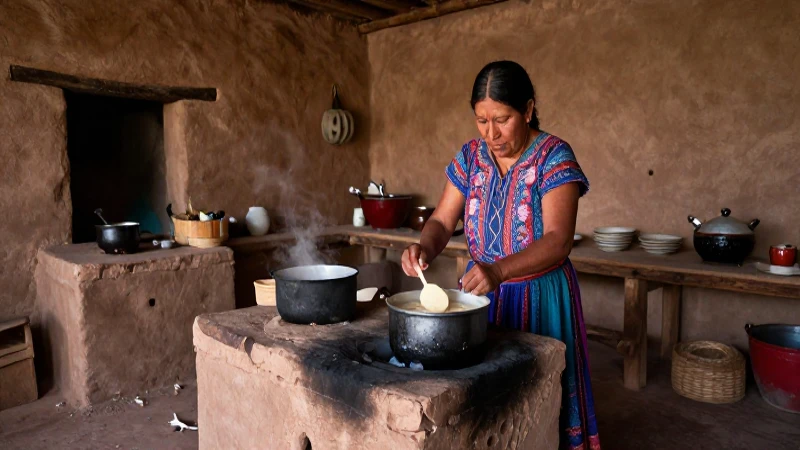 Mujer indígena prepara nixtamal en hacienda tradicional