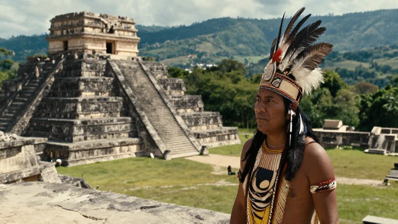 Hombre indígena en pirámide antigua en México