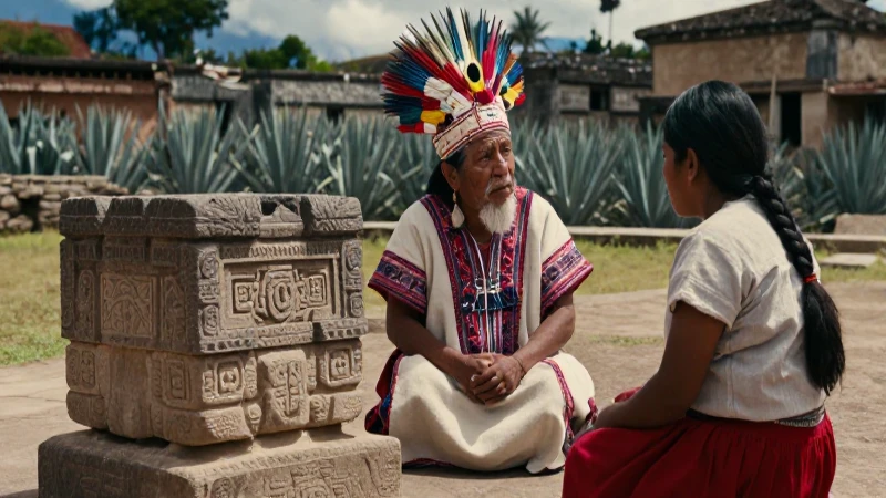 Anciano zapoteco y joven en altar mesoamericano