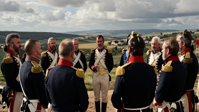 Oficiales militares tensos en el paisaje ibérico