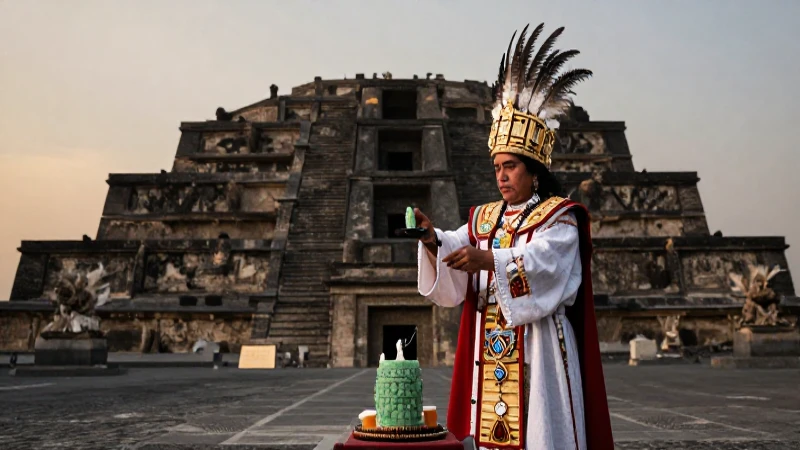 Trecena: Significado y rituales en la cultura mexica 88 Sacerdote Mexica con ofrendas ante el Templo Mayor