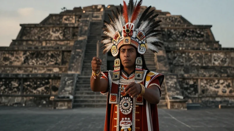Trecena: Significado y rituales en la cultura mexica 89 Sacerdote mexica en templo azteca al atardecer